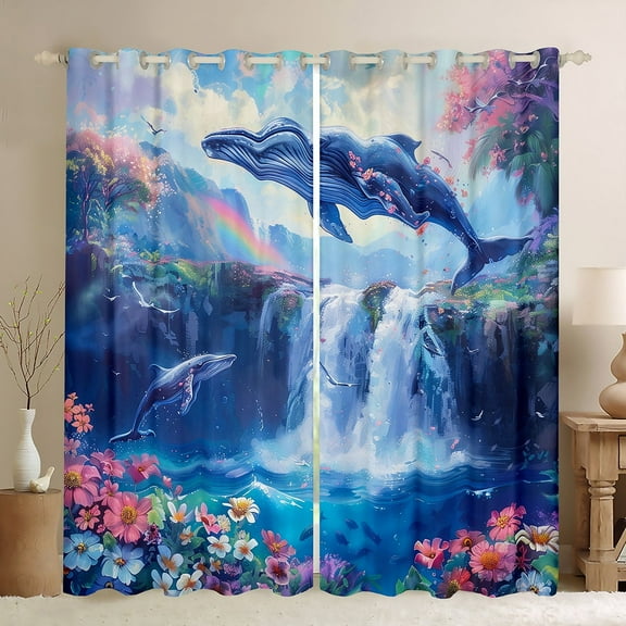 Erosebridal Blue Whale Curtains for Living Room, Lake Waterfall 30%-50% Blackout Curtains Set of 2 (38x54), Daisy Floral Curtains and Drapes (38x54), Window Curtains Room Decoration