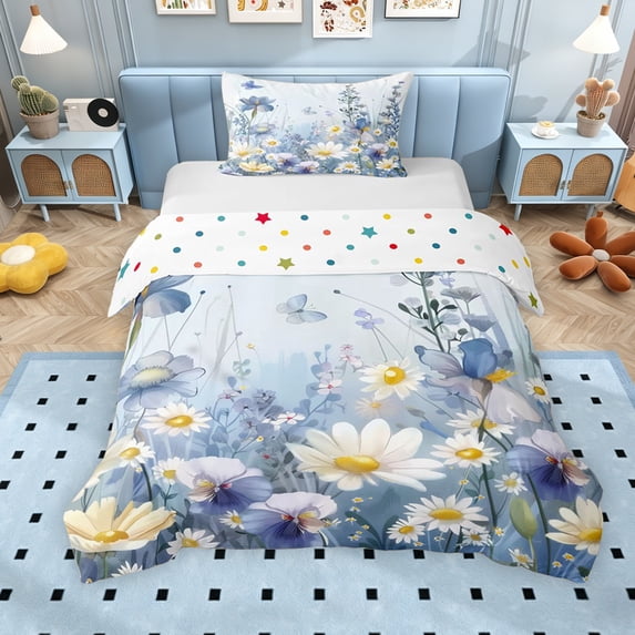 Erosebridal Blue White Floral Twin Bedding for Girls, Dreamy Garden Duvet Cover Set, Polka Dots Reversible, 2pcs 1 Duvet Cover and 1 Pillowcase, No Comforter