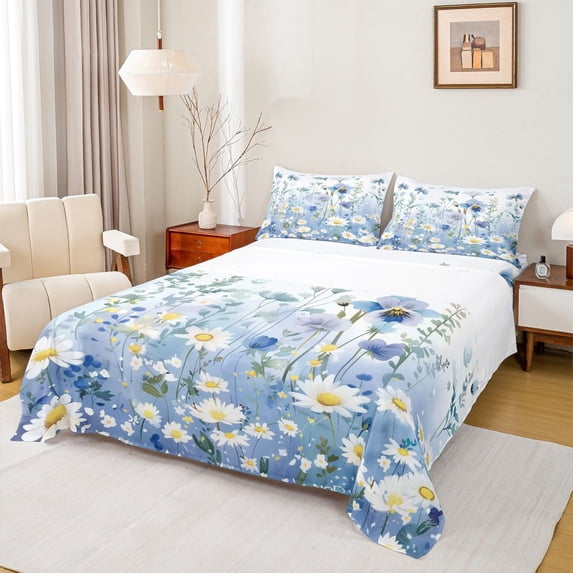 Erosebridal Blue White Flower Full Size Sheets for Girls, Dreamy Garden Bed Sheets, 4 Pieces, 1 Flat Sheet 1 Fitted Sheet and 2 Pillowcases