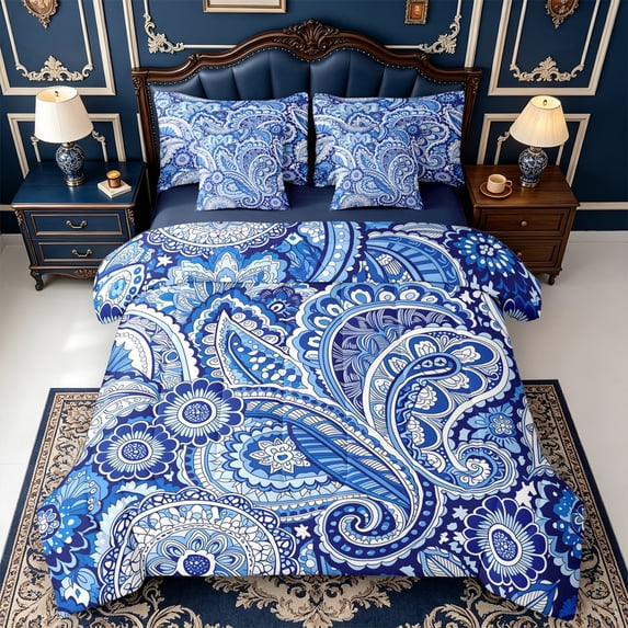Erosebridal Blue White Paisley 7 Pieces Full Size Bedding Sets,Porcelain Ethnic Motif Full Size Bed in a Bag,Navy Blue Reversible