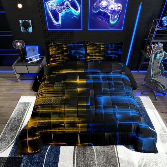 Erosebridal Blue and Yellow Comforter Set Twin Size Geometric Comforter Geometry Strip Lines Bedding Set Abstract Art Duvet Set Room Decor Quilt Set