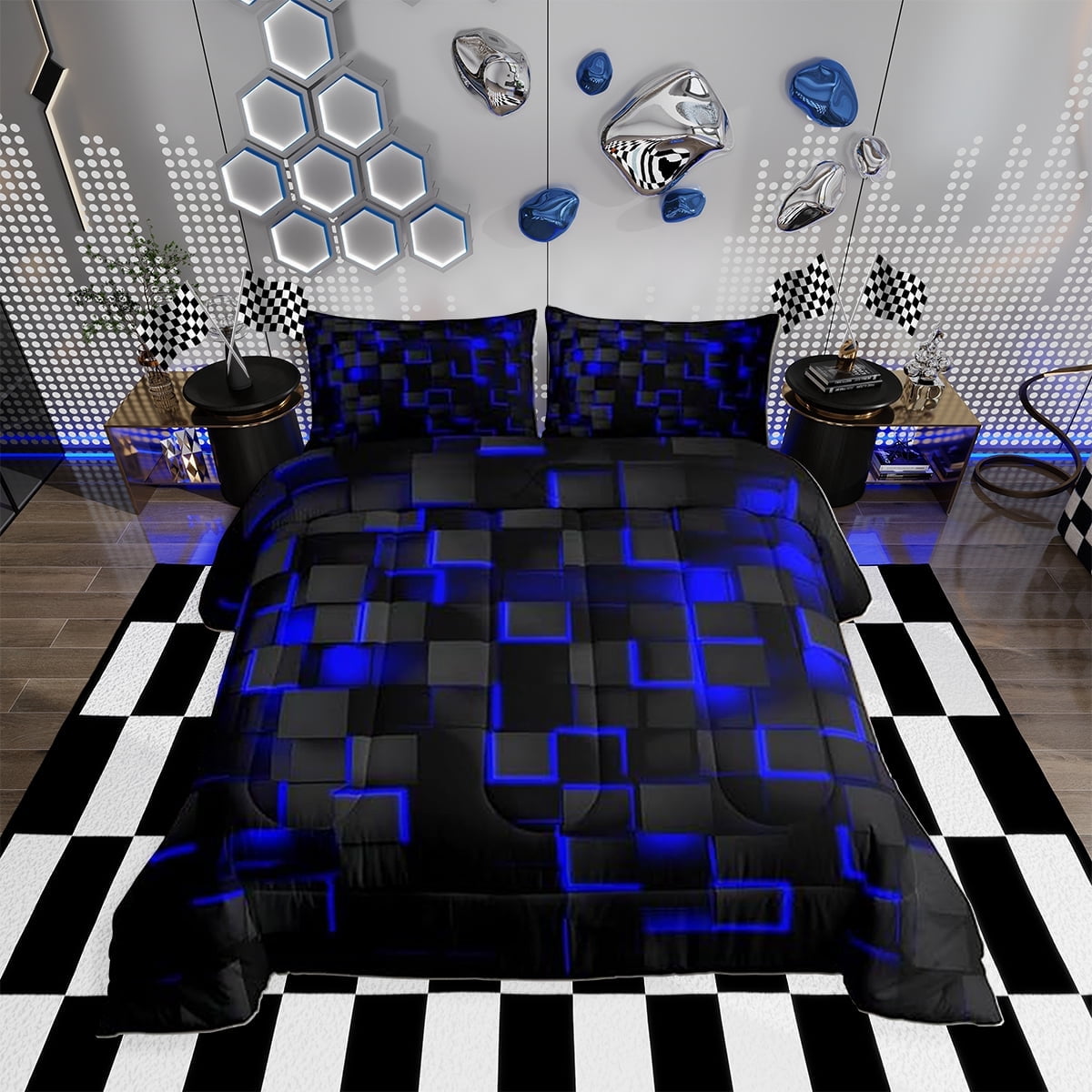 Erosebridal Blue and Black Bedding Set Light Geometric Comforter Set ...
