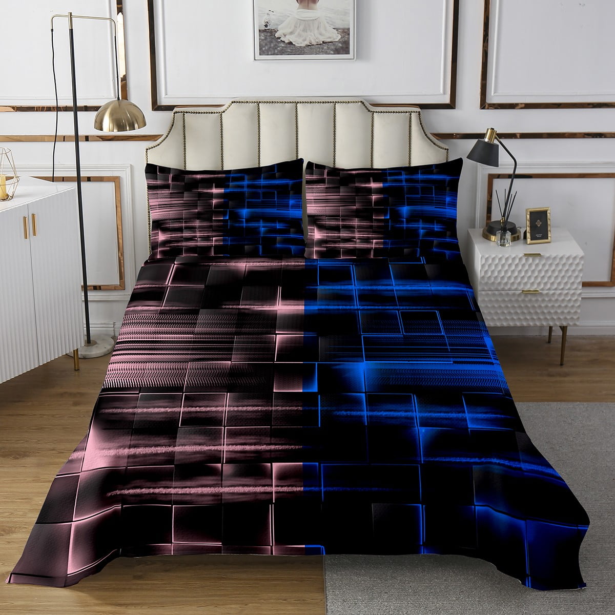 Erosebridal Blue and Pink Bedspread King Size Geometric Quilted ...
