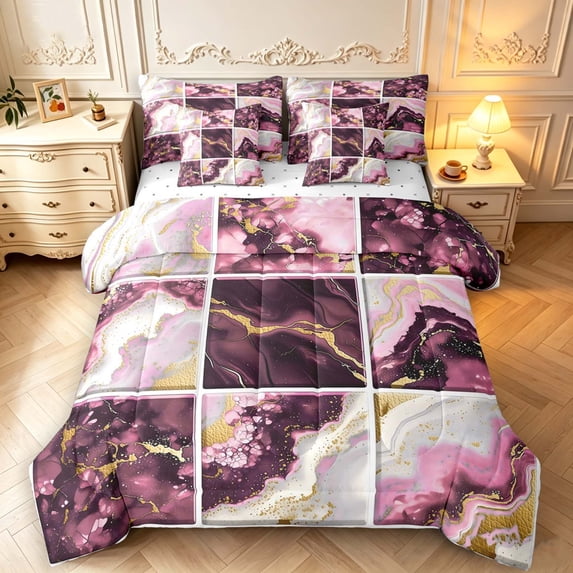 Lightning Crack Pattern Erosebridal Blush Marbling Gold Crack 7-Piece King Bedding,Modern Pink ...