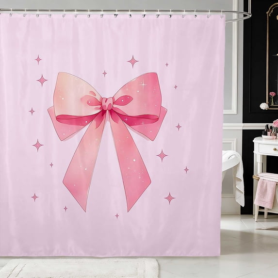 Erosebridal Blush Satin Bow Ribbon Shower Curtain 72Wx78L for Girls, Romantic Floral Print Waterproof Bath Curtain