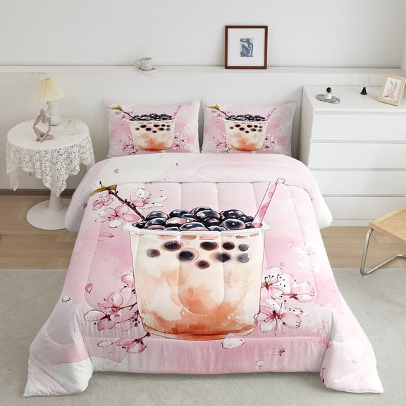 Erosebridal Boba Comforter Sets Full Size, Pink Floral Comforters & Duvets, Cartoon Food Decor, Reversible 3 Pieces