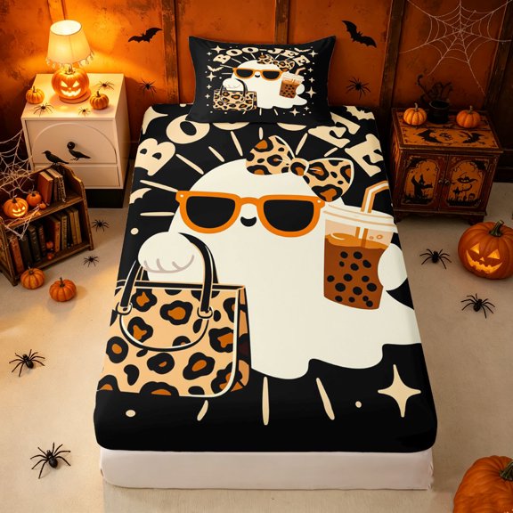 Erosebridal Boba Ghost Twin Fitted Sheet, Cow Print Bedding, Black Brown, 2 Pieces, 1 Fitted Sheet and 1 Pillowcase