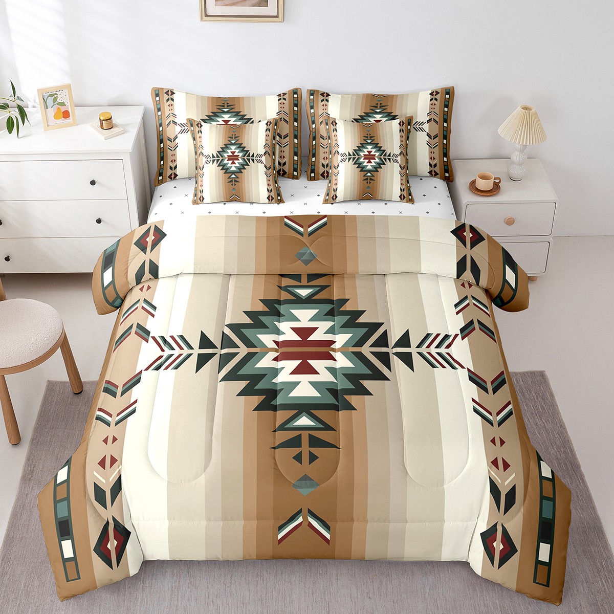 Erosebridal Bohemian Aztec Bedding Full Size, Brown Hippie Comforter Sets with Sheets, Super Cozy Duvet Set, Room Decor, Reversible 7-Piece