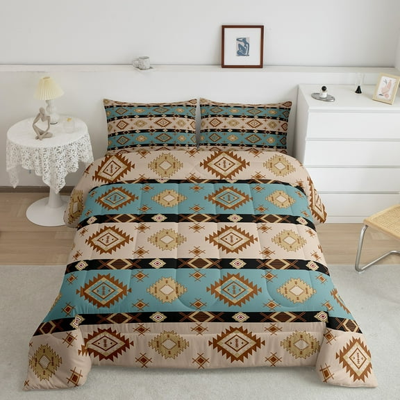Erosebridal Bohemian Aztec Comforter Sets King Size, Tribal Exotic Style Comforters & Duvets, Brown Teal Stripe Bedding King Comforter Set, Breathable Bedroom Decorative, 3-Piece