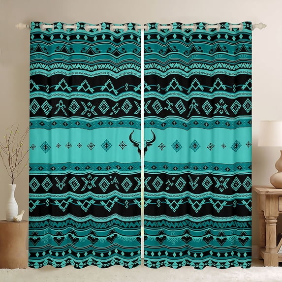 Erosebridal Bohemian Aztec Curtains Pack of 2 (42x84 Each), Teal Black Aesthetic Curtains Blackout