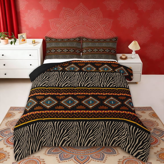 Erosebridal Bohemian Aztec Full Size Comforter Sets, Zebra Print Bedding Sets, Black Brown, Black Reversible 3 Pieces, 1 Comforter and 2 Pillowcases