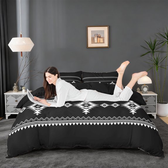 Erosebridal Bohemian Aztec Queen Duvet Cover Set,Boho Tribal Exotic Style Bedding For Men Women,Black White 3-Piece,No Comforter,Reversible