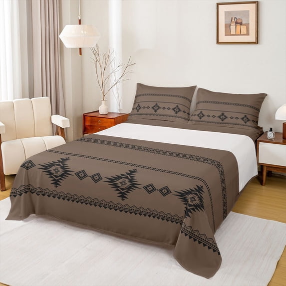 Erosebridal Bohemian Aztec Queen Sheet Sets,Boho Tribal Exotic Style Bed Set For Men Women,Black Brown 4pcs
