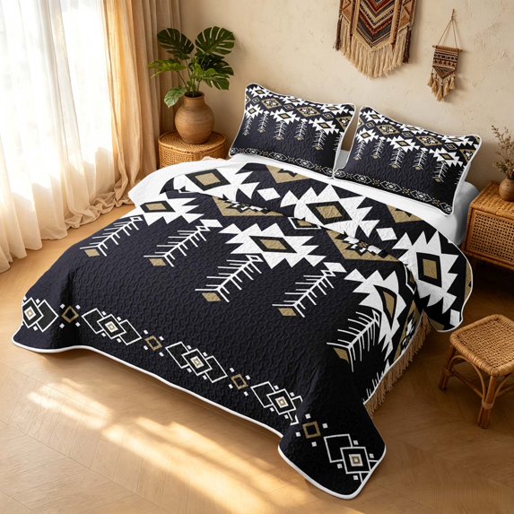 Erosebridal Bohemian Aztec Quilt King, Boho Geometric King Coverlet Set, Dark Navy Tan White 3-Piece, 1 Bedspread and 2 Pillowcases