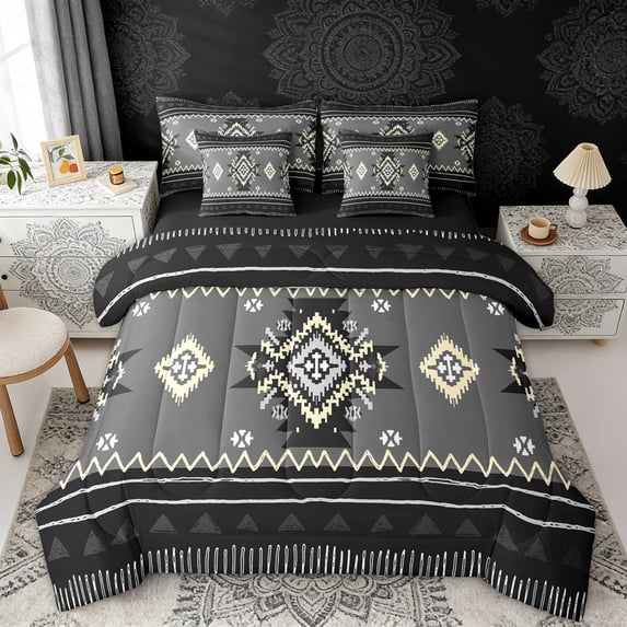 Erosebridal Bohemian Aztec Twin Bedding Sets, Gray Black Aesthetic Bedding Comforter Set, Black Reversible 7 Pieces