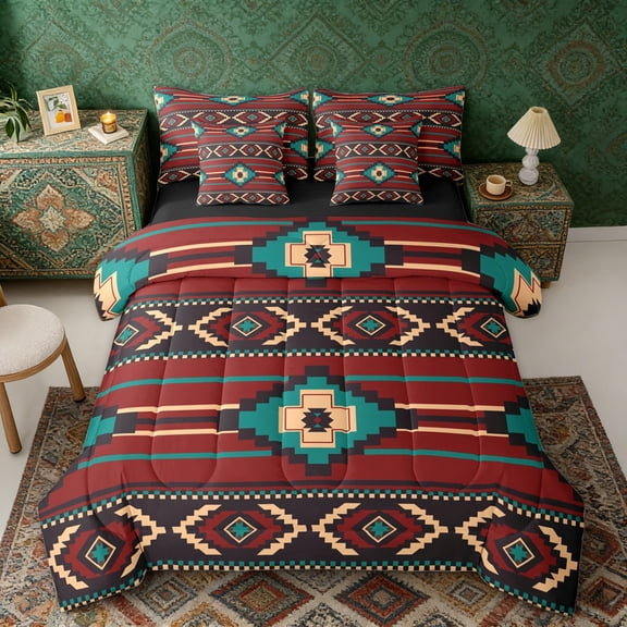 Erosebridal Bohemian Aztec Twin Bedding Sets, Red Teal Brown Bedding Comforter Set, Black Reversible 7 Pieces