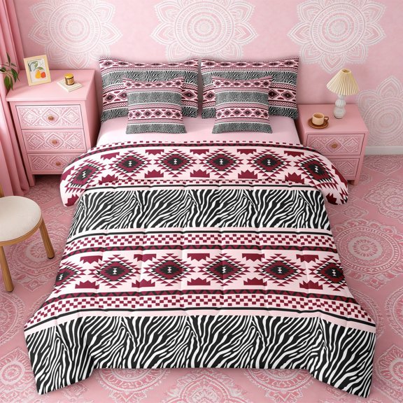 Erosebridal Bohemian Aztec Twin Bedding Sets, Zebra Print Bedding Comforter Set, Pink White Black, Pink Reversible 7pcs