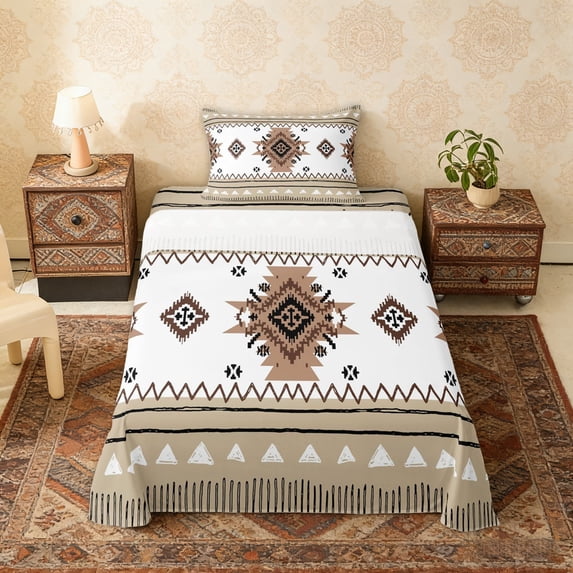 Erosebridal Bohemian Aztec Twin Sheet Sets, White Brown Aesthetic Bedding, 3 Pieces 1 Flat Sheet, 1 Fitted Sheet and 1 Pillowcase