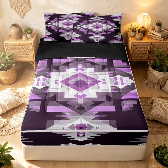 Erosebridal Bohemian Aztec Zipper Queen Comforter Set with Fitted Sheet and 2 Pillowcases, Hippie Geometric Zipper Bedding Set, Lavender Purple, Black Reversible