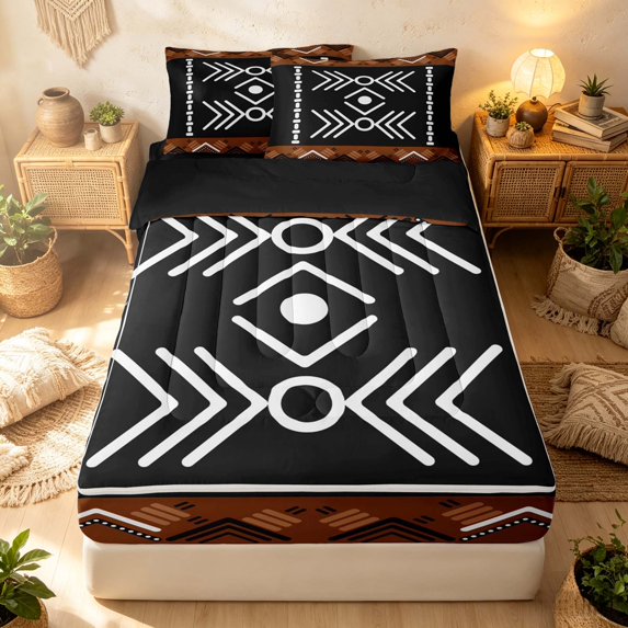 Erosebridal Bohemian Aztec Zipper Queen Comforter Set with Fitted Sheet and 2 Pillowcases, Hippie Rhombus Zipper Bedding Set, Brown Black White, Black Reversible
