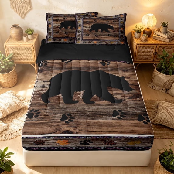 Erosebridal Bohemian Aztec Zipper Twin Comforter Sets with Fitted Sheet and 2 Pillowcases, Hippie Bear Zipper Bedding Set, Weathered Wood Black Amber Orange Purple, Black Reversible