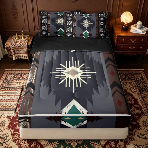 Erosebridal Bohemian Aztec Zipper Twin Comforter Sets with Fitted Sheet and 2 Pillowcases for Women Men, Retro Tribal Triangle Zipper Bedding Set, Brown Gray, Black Reversible, 4-Piece