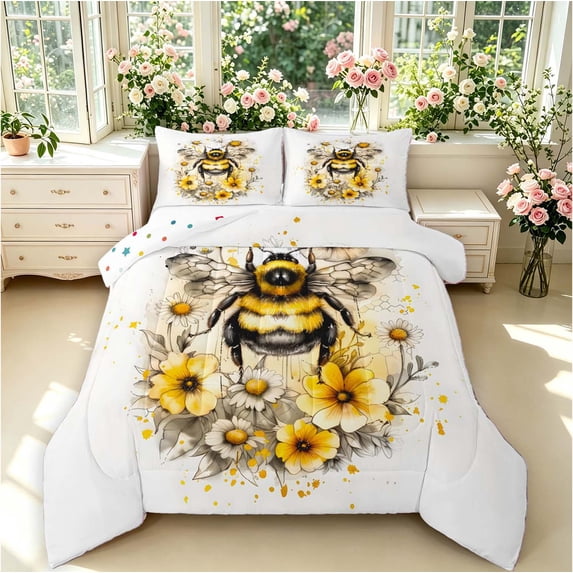 Erosebridal Bohemian Bee Queen Comforter Set,Boho Floral Comforter Sets Queen,White Yellow,Polkadot Reversible,3-Piece,1 Comforter and 2 Pillowcases