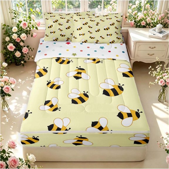 Erosebridal Bohemian Bee Zipper Twin Comforter Sets with Fitted Sheet and 2 Pillowcases,Nature Wildlife Theme Zipper Bedding Set,Cream Yellow,Polkadot Reversible,4pcs
