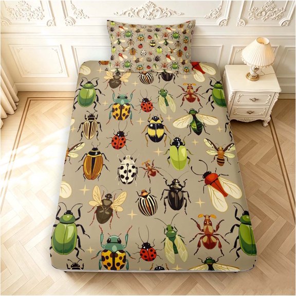 Erosebridal Bohemian Beetles Fitted Sheet Full,Cartoon Bug Theme Bed Set,Tan Green,3pcs,1 Fitted Sheet and 2 Pillowcases