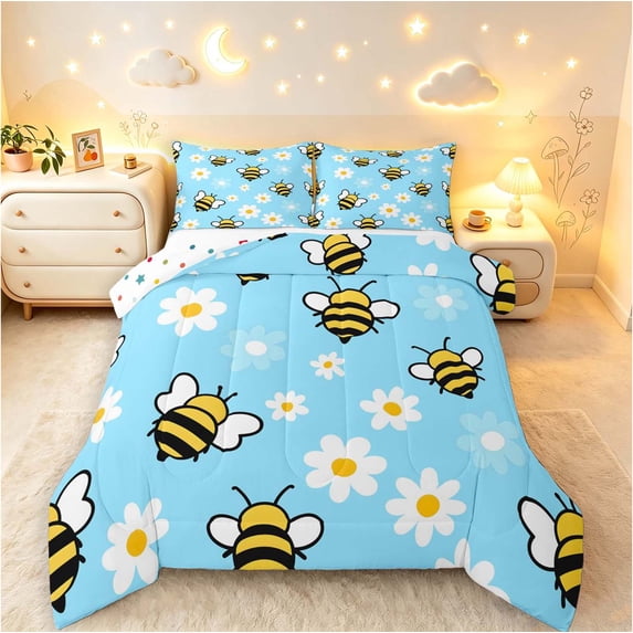 Erosebridal Bohemian Bug Bee King Size Comforter Sets,Retro Floral Comforters King Size,Blue White,Polkadot Reversible,3 Pieces,1 Comforter and 2 Pillowcases