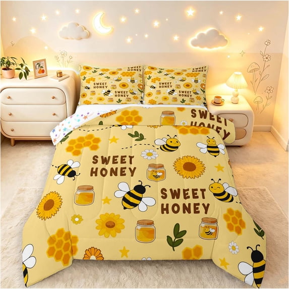 Erosebridal Bohemian Bug Bee King Size Comforter Sets,Retro Sunflower Florals Comforters King Size,White Brown,Colorful Stars Reversible,3-Piece,1 Comforter and 2 Pillowcases