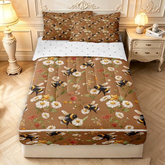 Erosebridal Bohemian Bug Bee Zipper Queen Comforter Set with Fitted Sheet and 2 Pillowcases,Retro Flowers Zipper Bedding Set,Brown White,Reversible,4pcs