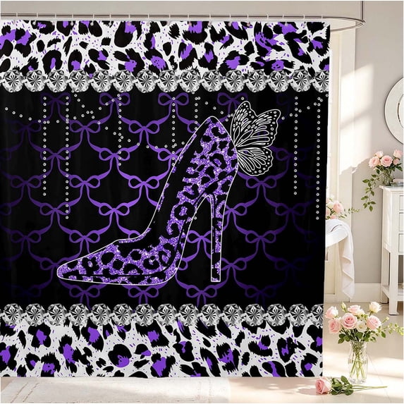 Erosebridal Bohemian Cheetah High Heels Shower Curtain 72Wx84L,Glitter Bowknot Pearl Bathroom Shower Curtain,Purple White