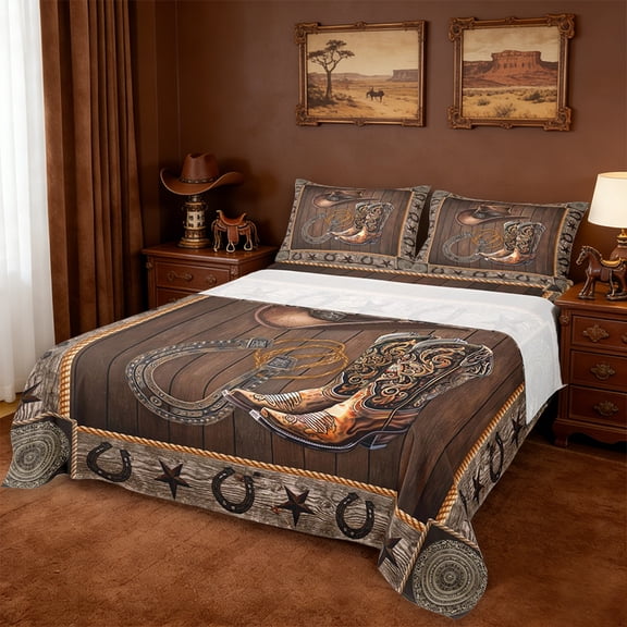 Erosebridal Bohemian Cowboy Boots Hat Full Size Sheets,Rustic Horseshoe Texas Stars Pattern Bed Sheets 4 Pieces
