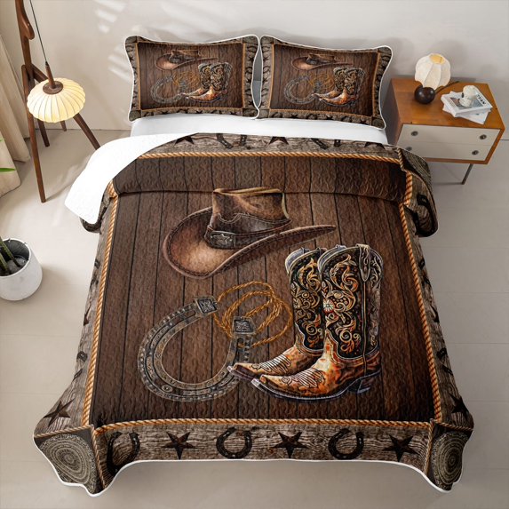 Erosebridal Bohemian Cowboy Boots Hat Quilt King,Rustic Horseshoe Texas Stars Pattern King Coverlet Set,3 Pieces