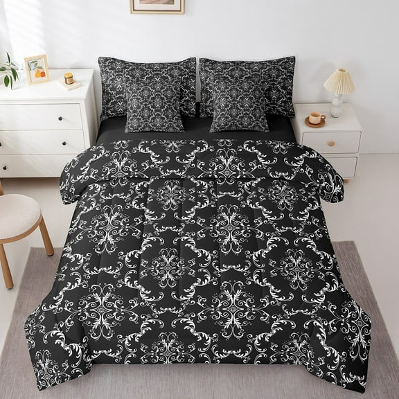 Erosebridal Bohemian Damask Bedding Full Size, Victorian Baroque Comforter Sets with Sheets, Hippie Black White Duvet Set Super Cozy Room Decorative, Reversible 7-Piece