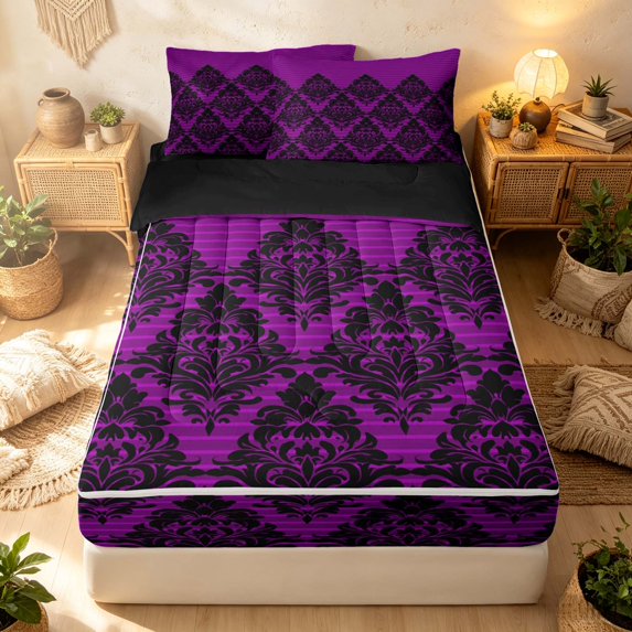 Erosebridal Bohemian Damask Zipper Full Size Comforter Sets with Fitted Sheet and 2 Pillowcases, Vintage Flower Zipper Bedding Set, Magenta Black, Black Reversible