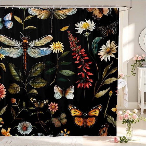 Erosebridal Bohemian Dragonfly Shower Curtain 72Wx78L,Dreamy Flowers Bath Curtain,Black Blue