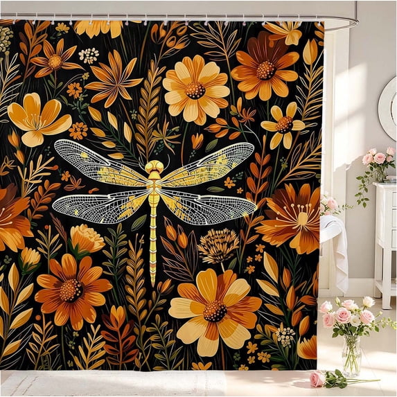 Erosebridal Bohemian Dragonfly Shower Curtain 72Wx84L,Retro Flower Bathroom Shower Curtain,Black Gold