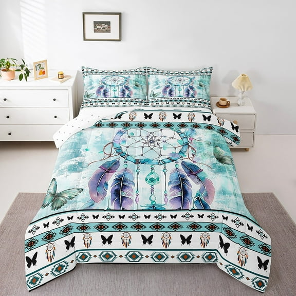 Bohemian Dreamcatcher Twin Comforter Set Hippie Aztec Bedding Set Twin,Teal Ombre Bedding Comforter Sets Blue Butterfly Duvet Set,Watercolor Gradient Quilted Comforter