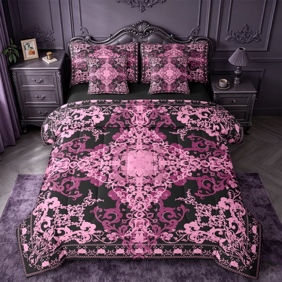 Erosebridal Bohemian Exotic Damask Print 7pcs Bedding Comforter Set,Boho Exotic Style Queen Bedding Sets For Adult,Reversible black
