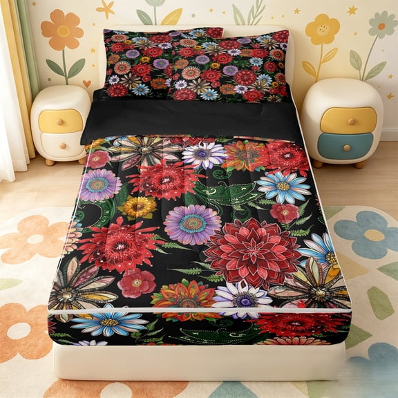 Erosebridal Bohemian Exotic Floral Zipper Twin Comforter Sets with Fitted Sheet and 2 Pillowcases,Vintage Dahlia Flowers Zipper Bedding Set For Girls,Black Reversible,4 Pieces