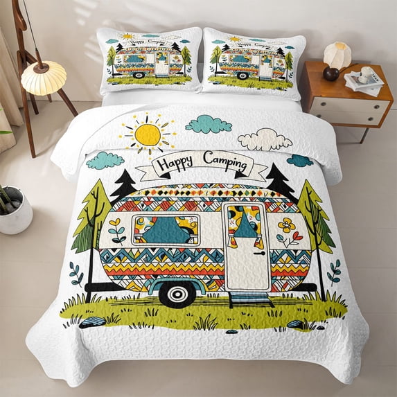 Erosebridal Bohemian Exotic Style Camper Quilt King,Happy Camping King Coverlet Set For Kids,3 Pieces