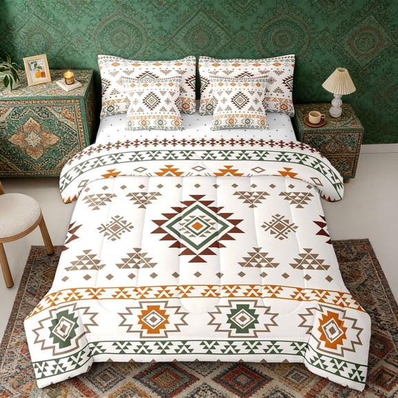 Erosebridal Bohemian Geometric Bedding Comforter Set, Beige Green Orange Aztec Queen Bedding Sets, Reversible 7-Piece