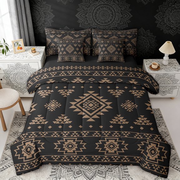 Erosebridal Bohemian Geometric Bedding Comforter Set, Black Brown Aztec Full Bedding Set, Black Reversible 7pcs