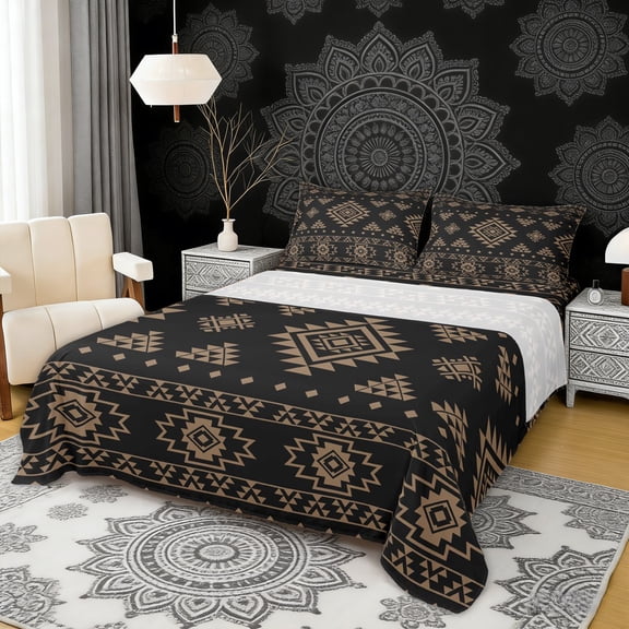 Erosebridal Bohemian Geometric Queen Sheet Sets, Black Brown Aztec Bed Set, 4pcs 1 Flat Sheet, 1 Fitted Sheet and 2 Pillowcases