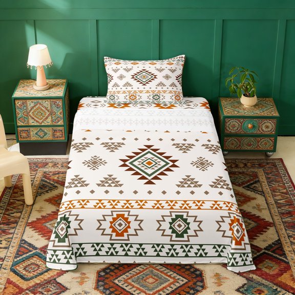 Erosebridal Bohemian Geometric Twin Sheet Sets, Beige Green Orange Aztec Bedding, 3-Piece 1 Flat Sheet, 1 Fitted Sheet and 1 Pillowcase