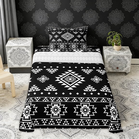 Erosebridal Bohemian Geometric Twin Sheet Sets, Black White Aztec Bedding, 3pcs 1 Flat Sheet, 1 Fitted Sheet and 1 Pillowcase