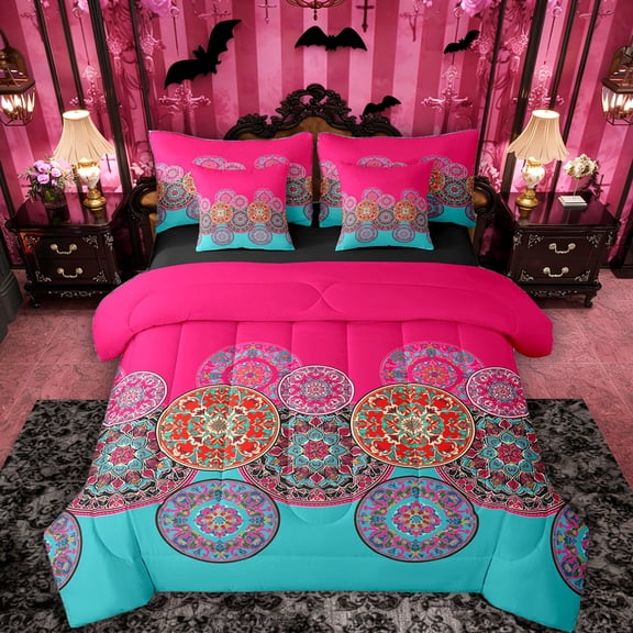 Erosebridal Bohemian Mandala Bedding Comforter Set for Girls, Asian Oriental Style Queen Bedding Sets, Black Reversible, 7pcs