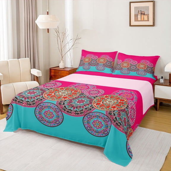 Erosebridal Bohemian Mandala Full Size Sheets for Girls, Asian Oriental Style Bed Sheets, 1 Flat Sheet, 1 Fitted Sheet and 2 Pillowcases
